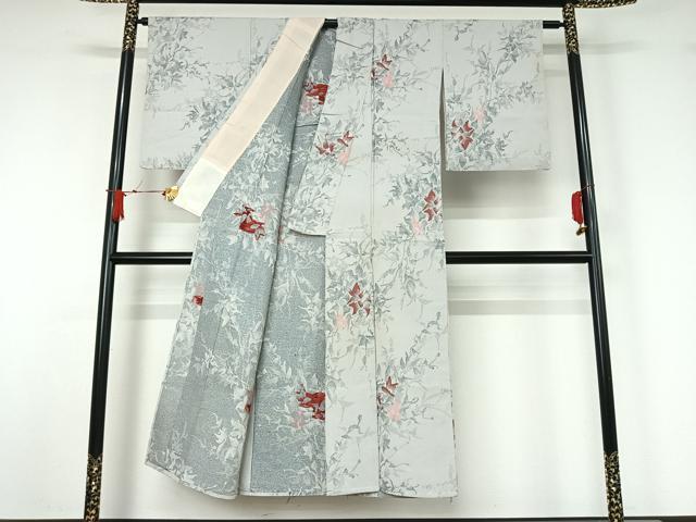 平和屋着物▽お召　単衣　草花文　金糸　AABJ1739jh