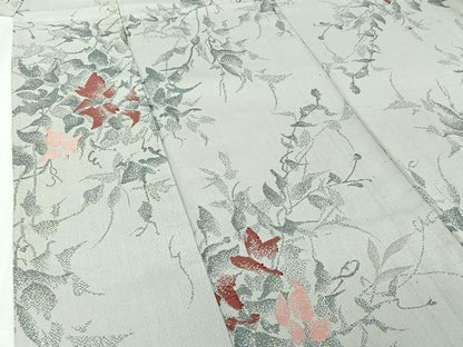 平和屋着物▽お召　単衣　草花文　金糸　AABJ1739jh