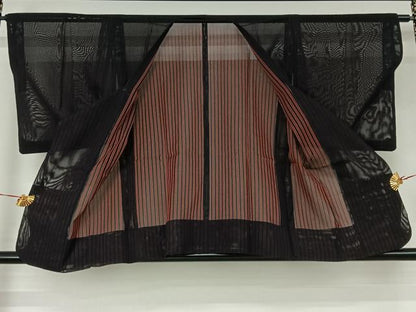 平和屋着物▽道行コート　スリーシーズン　春夏秋　塵除け　縞　黒地　銀糸　正絹　逸品　AABJ1740jh