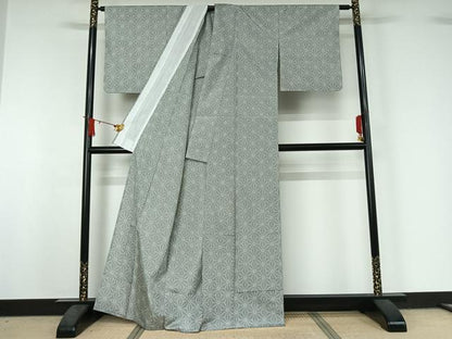平和屋着物▽上質な紬　単衣　麻の葉文様　正絹　逸品　AABJ1744jh