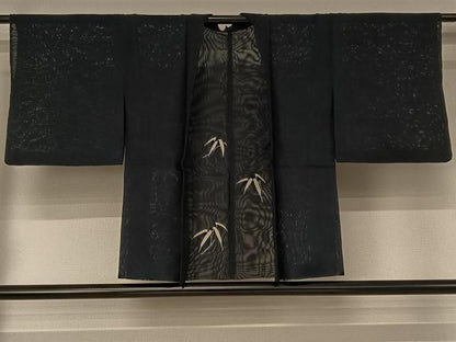 平和屋着物▽羽織　スリーシーズン　春夏秋　塵除け　笹の葉文　濃紺地　正絹　逸品　AABJ1746jh