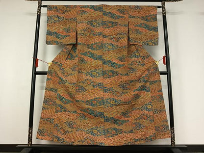 平和屋着物▽上質な小紋　単衣　紬地　草花文　正絹　逸品　未使用　AABJ1751jh