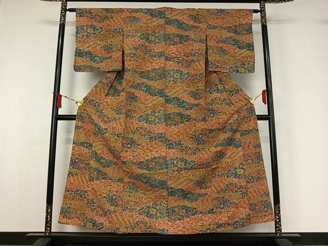 平和屋着物▽上質な小紋　単衣　紬地　草花文　正絹　逸品　未使用　AABJ1751jh