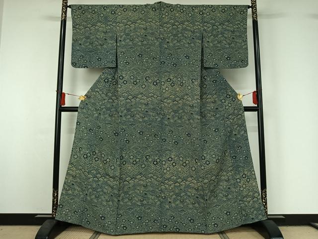 平和屋着物▽上質な小紋　単衣　芝花文　正絹　逸品　AABJ1757jh