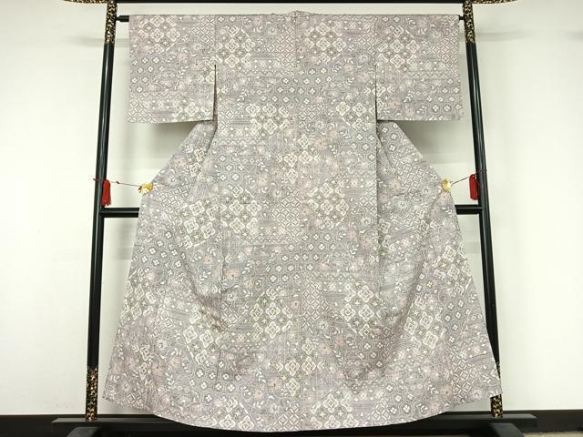 平和屋着物▽小千谷紬　単衣　切嵌花文　正絹　逸品　AABJ1759jh