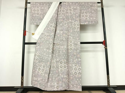平和屋着物▽小千谷紬　単衣　切嵌花文　正絹　逸品　AABJ1759jh