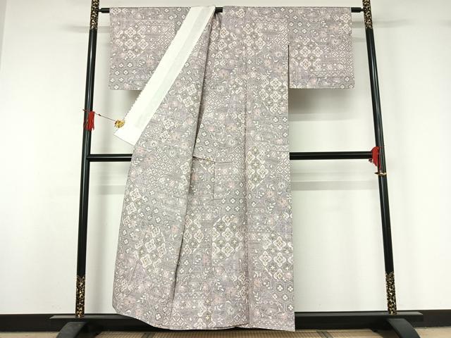 平和屋着物▽小千谷紬　単衣　切嵌花文　正絹　逸品　AABJ1759jh