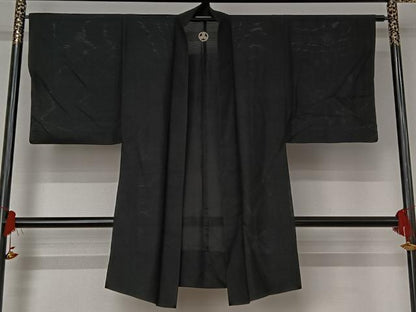平和屋着物▽男性　黒紋付　羽織　暗黒色　正絹　逸品　AABJ1761jh