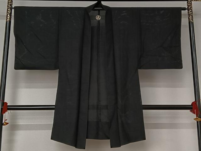 平和屋着物▽男性　黒紋付　羽織　暗黒色　正絹　逸品　AABJ1761jh