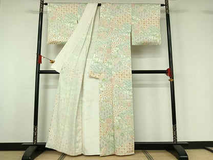 平和屋着物▽上質な小紋　単衣　絞り　雲取り吉祥花文　西武百貨店扱い　正絹　逸品　AABJ1762jh