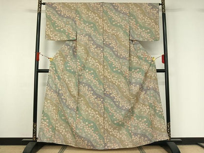 平和屋着物▽上質な小紋　単衣　紬地　草花文　正絹　逸品　AABJ1763jh