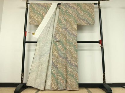 平和屋着物▽上質な小紋　単衣　紬地　草花文　正絹　逸品　AABJ1763jh