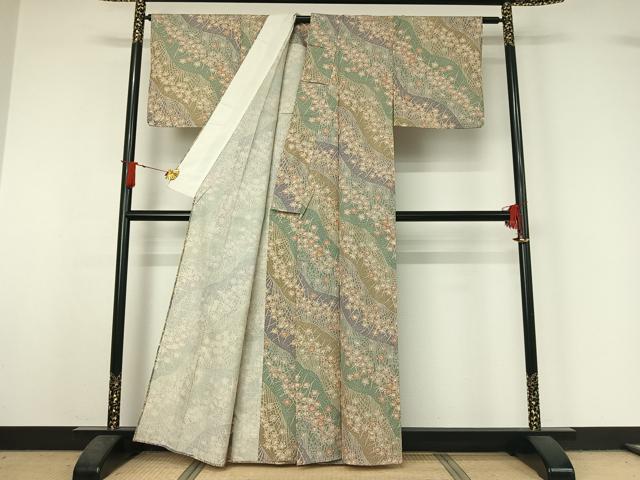 平和屋着物▽上質な小紋　単衣　紬地　草花文　正絹　逸品　AABJ1763jh