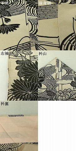 平和屋着物▽上質な小紋　単衣　型染め　流水花文　鬼しぼ縮緬　正絹　逸品　AABJ1768jh
