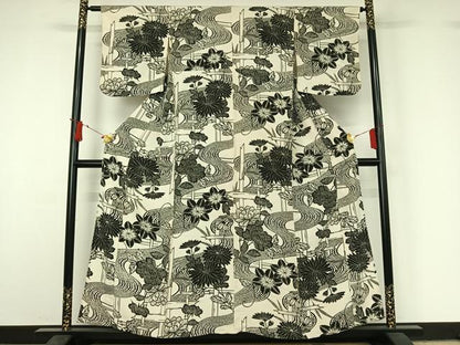 平和屋着物▽上質な小紋　単衣　型染め　流水花文　鬼しぼ縮緬　正絹　逸品　AABJ1768jh