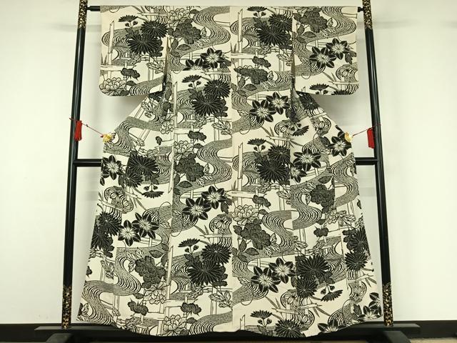 平和屋着物▽上質な小紋　単衣　型染め　流水花文　鬼しぼ縮緬　正絹　逸品　AABJ1768jh
