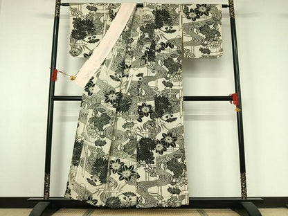 平和屋着物▽上質な小紋　単衣　型染め　流水花文　鬼しぼ縮緬　正絹　逸品　AABJ1768jh