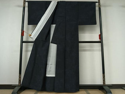 平和屋着物▽上質な紬　単衣　草花文　黒地　正絹　逸品　AABJ1774jh