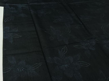 平和屋着物▽上質な紬　単衣　草花文　黒地　正絹　逸品　AABJ1774jh