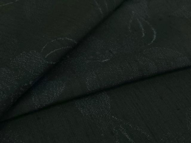 平和屋着物▽上質な紬　単衣　草花文　黒地　正絹　逸品　AABJ1774jh
