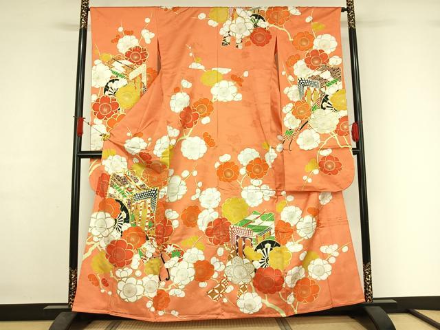平和屋着物▽振袖　単衣　駒刺繍　御所車花文　金彩　洗える着物　AABJ1776jh