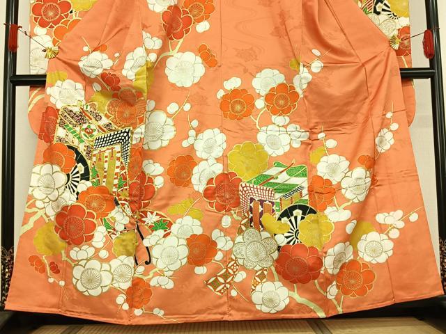 平和屋着物▽振袖　単衣　駒刺繍　御所車花文　金彩　洗える着物　AABJ1776jh