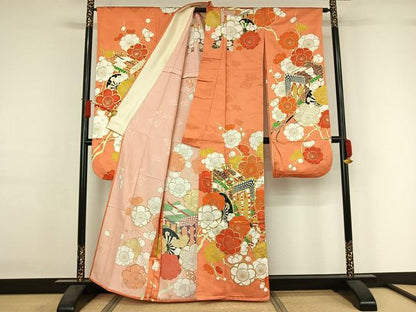 平和屋着物▽振袖　単衣　駒刺繍　御所車花文　金彩　洗える着物　AABJ1776jh