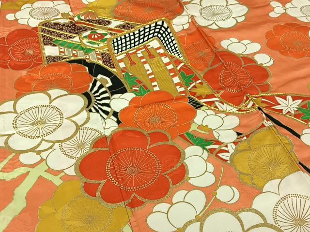 平和屋着物▽振袖　単衣　駒刺繍　御所車花文　金彩　洗える着物　AABJ1776jh