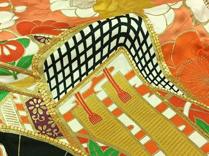 平和屋着物▽振袖　単衣　駒刺繍　御所車花文　金彩　洗える着物　AABJ1776jh