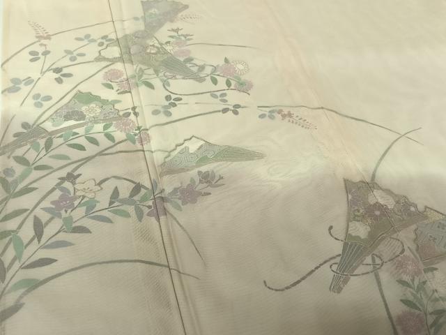 平和屋着物▽訪問着　無双　紗袷　紗×紗　扇面花文　暈し染め　金彩　正絹　逸品　AABJ1777jh