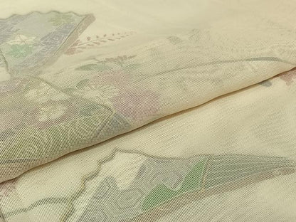 平和屋着物▽訪問着　無双　紗袷　紗×紗　扇面花文　暈し染め　金彩　正絹　逸品　AABJ1777jh