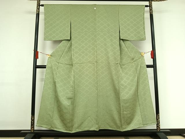 平和屋着物▽上質な色無地　単衣　菱地紋　山葵色　正絹　逸品　AABJ1787jh