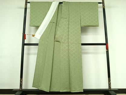 平和屋着物▽上質な色無地　単衣　菱地紋　山葵色　正絹　逸品　AABJ1787jh