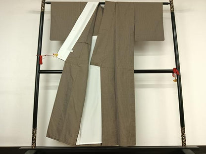 平和屋着物▽お召　単衣　市松綾織　格子　正絹　逸品　AABJ1788jh