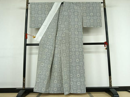 平和屋着物▽上質な紬　単衣　草花文　正絹　逸品　AABJ1794jh