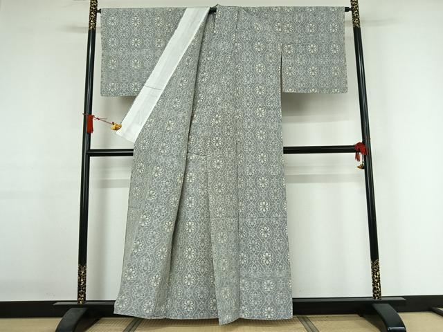 平和屋着物▽上質な紬　単衣　草花文　正絹　逸品　AABJ1794jh
