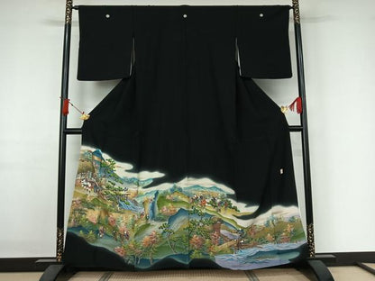 平和屋着物▽豪華黒留袖　単衣　作家物　手描き　人物風景文　暈し染め　金彩　正絹　逸品　AABJ1797jh