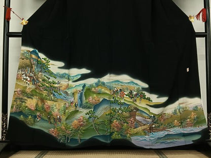 平和屋着物▽豪華黒留袖　単衣　作家物　手描き　人物風景文　暈し染め　金彩　正絹　逸品　AABJ1797jh