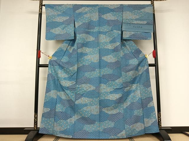 平和屋着物▽染織の名門　しょうざん　生紬　小紋　単衣　花唐草文　反端付き　AABJ1798jh