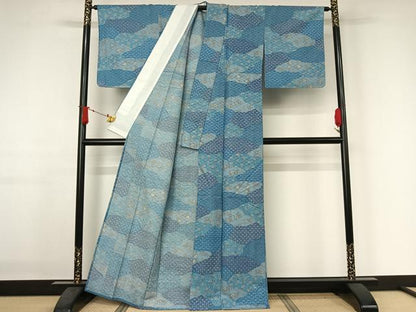 平和屋着物▽染織の名門　しょうざん　生紬　小紋　単衣　花唐草文　反端付き　AABJ1798jh