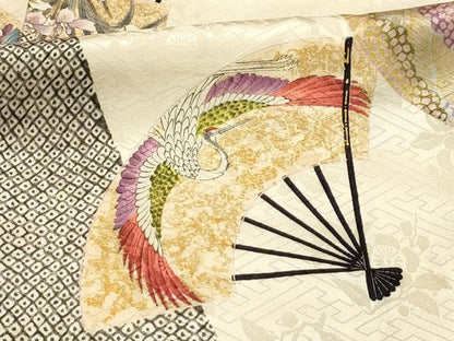 平和屋着物■上質な小紋　扇面花鳥文　金彩　正絹　逸品　AABJ1849sx
