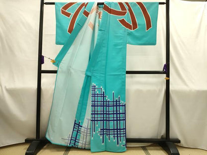 平和屋着物▽訪問着　単衣　束ね熨斗文　洗える着物　AABJ1864sx