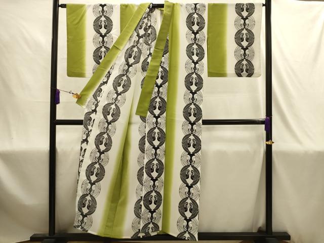 平和屋着物▽小紋　単衣　鶴の丸　暈し染め　洗える着物　AABJ1866sx