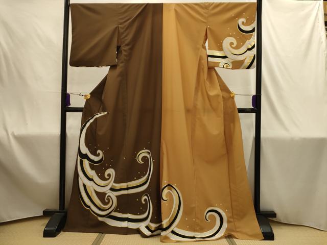 平和屋着物▽訪問着　単衣　立波文　片身替わり　金彩　ロング丈　洗える着物　AABJ1867sx
