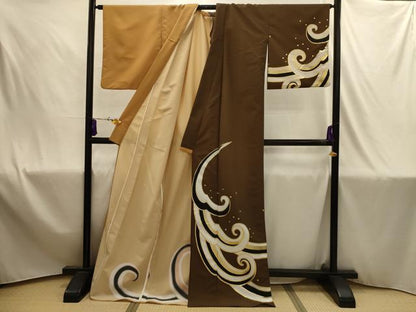 平和屋着物▽訪問着　単衣　立波文　片身替わり　金彩　ロング丈　洗える着物　AABJ1867sx