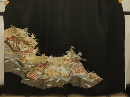 平和屋着物■豪華黒留袖　松竹梅地紙重ね風景文　金彩　正絹　逸品　AABJ1889sx