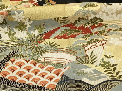 平和屋着物■豪華黒留袖　松竹梅地紙重ね風景文　金彩　正絹　逸品　AABJ1889sx