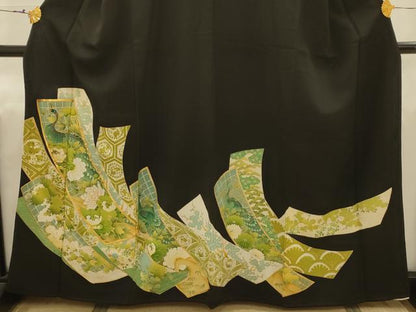 平和屋着物■豪華黒留袖　駒刺繍　松竹梅孔雀花短冊文　金彩　正絹　逸品　AABJ1894sx
