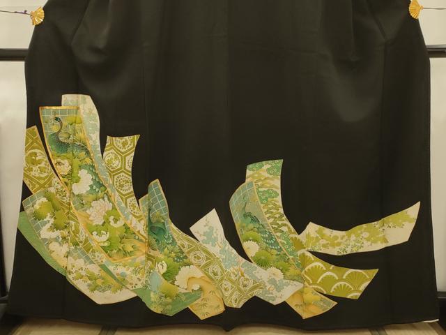 平和屋着物■豪華黒留袖　駒刺繍　松竹梅孔雀花短冊文　金彩　正絹　逸品　AABJ1894sx