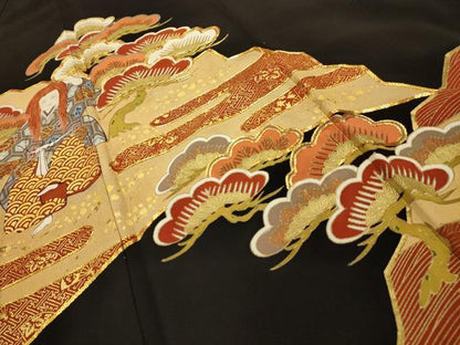 平和屋着物■豪華黒留袖　駒刺繍　人物風景文　金彩　正絹　逸品　AABJ1896sx